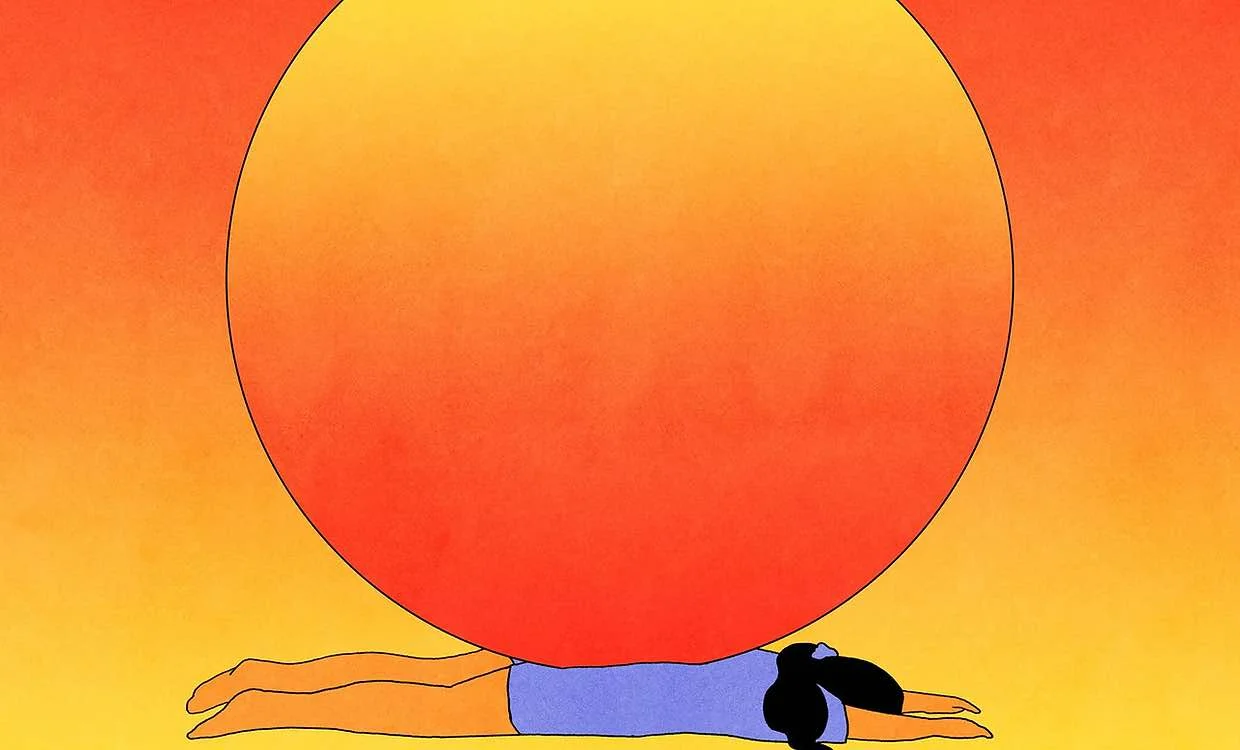 An illustration of a massive ball with an orange-yellow gradient sitting atop a person lying prone on bottom of the frame