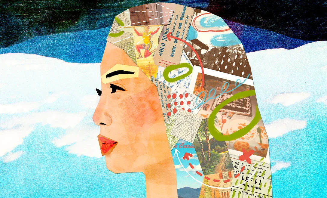 A collage of a woman with her hair masked with many illustrations of various things and colors
